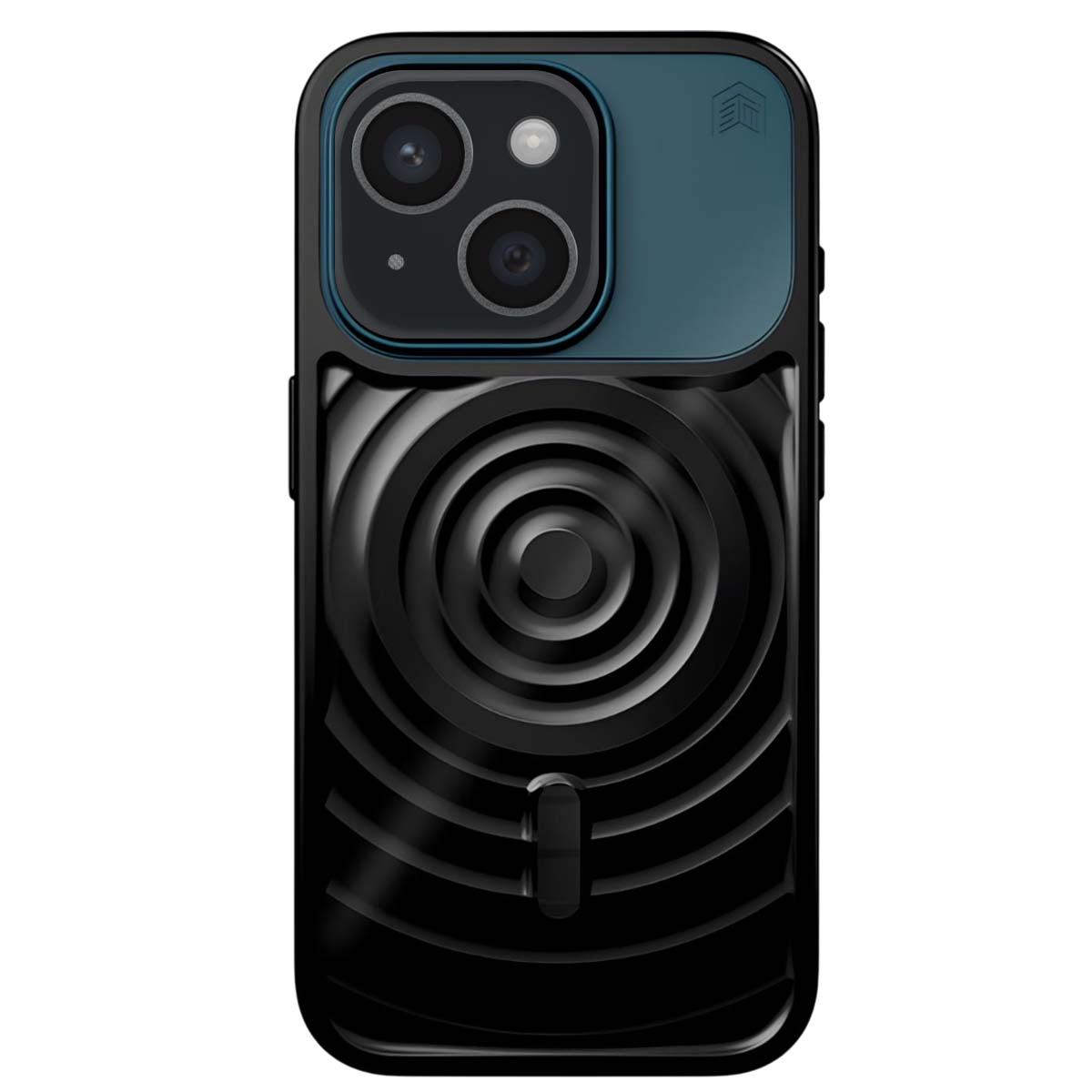 Custodia nera per iPhone con motivo circolare e ritaglio fotocamera.