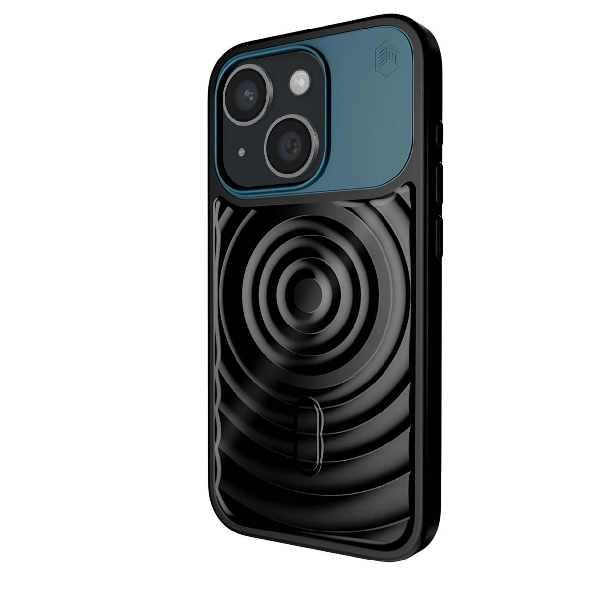 Custodia nera per iPhone con motivo circolare e ritaglio tripla fotocamera.