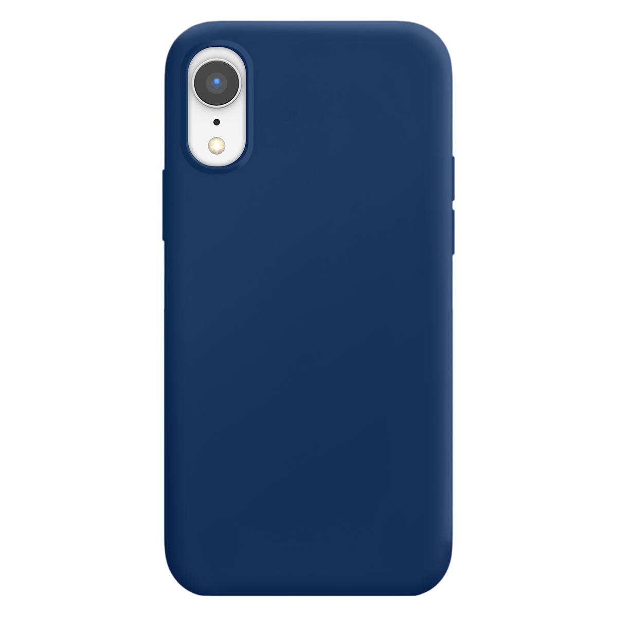 Funda azul oscuro para teléfono con recorte de cámara, sobre fondo blanco.