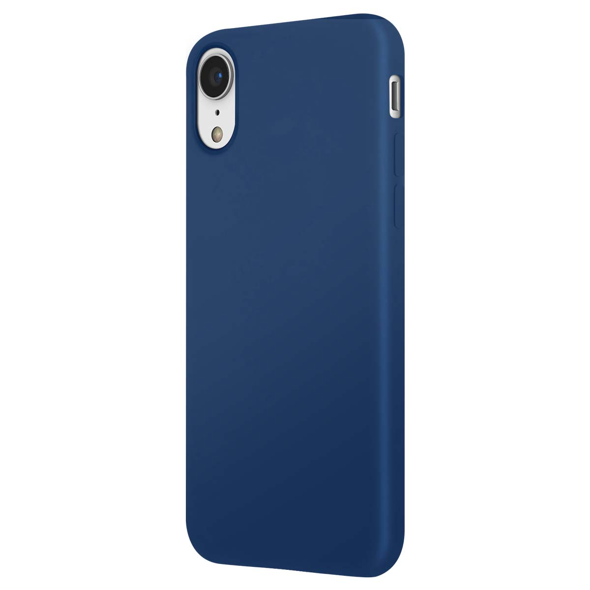 Se muestra una funda de teléfono azul oscuro con recorte para cámara sobre fondo blanco.