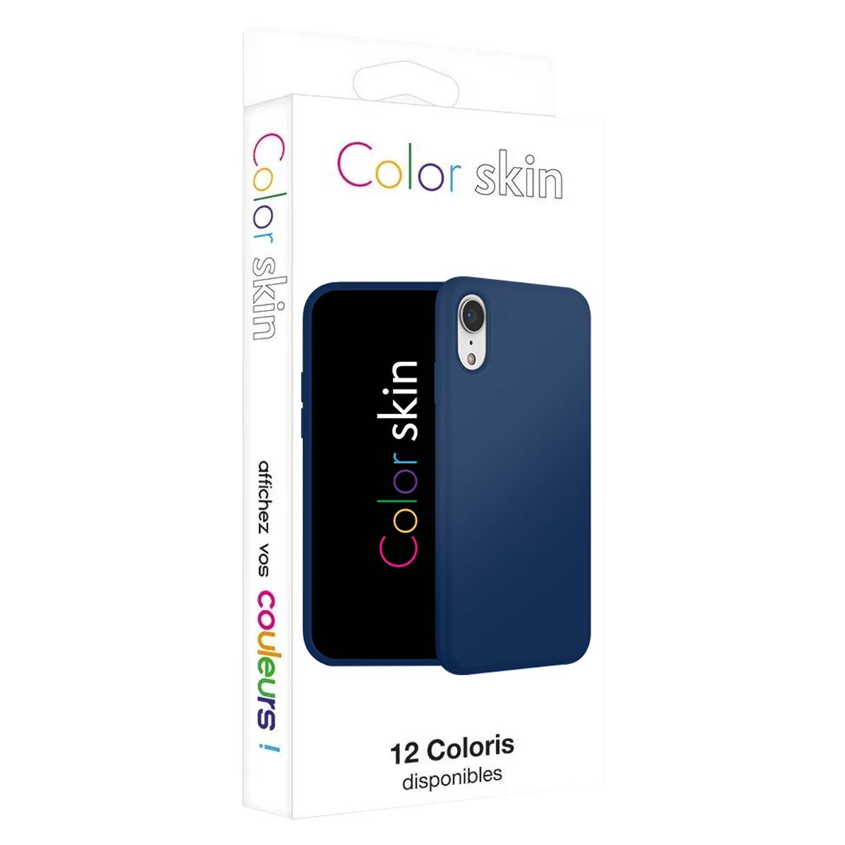 Una funda de teléfono azul oscuro con logo "Color skin" en caja blanca.