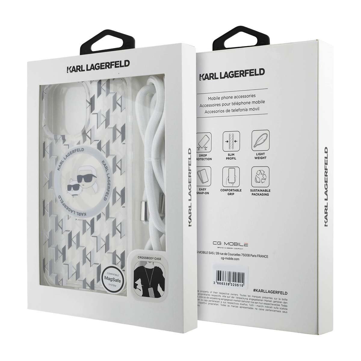 Confezione custodia Karl Lagerfeld con accessori e caratteristiche del prodotto.