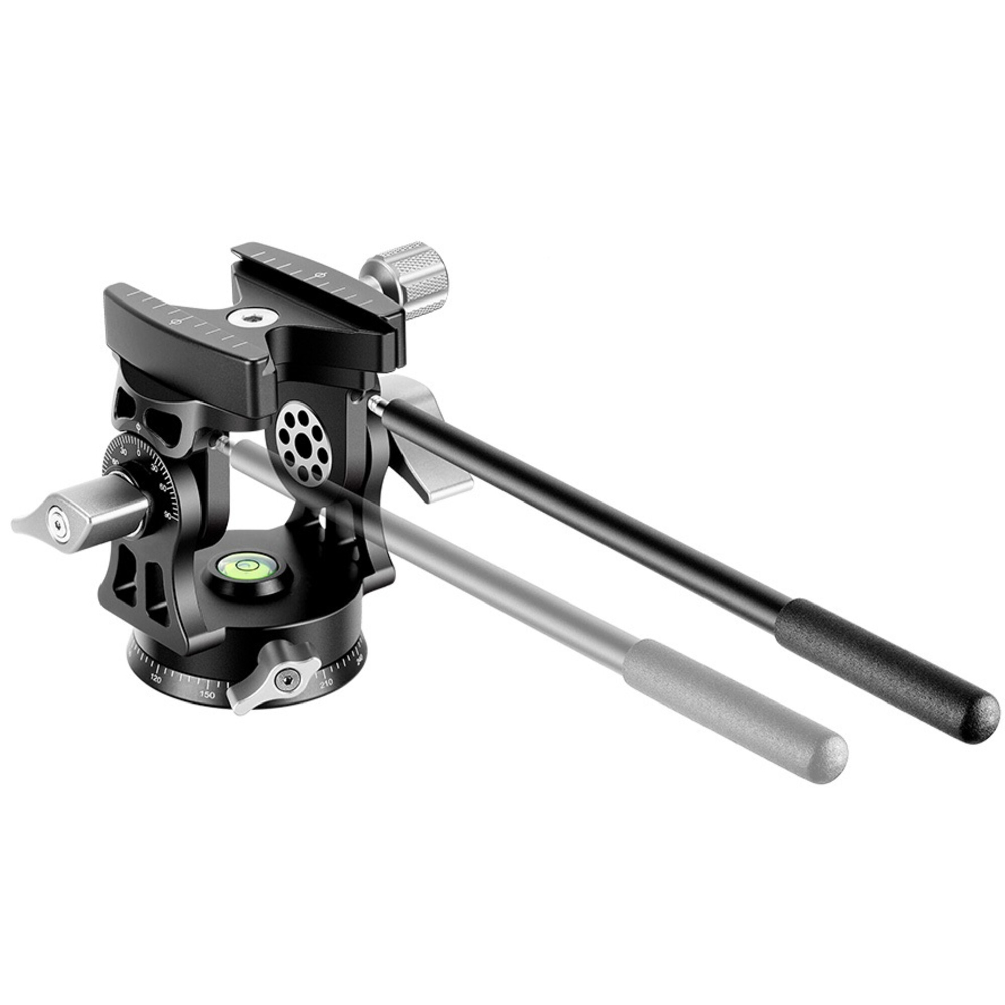 Ein schwarz-metallischer Kamerakopf mit Nivellierblase, Griffen und Skalen.