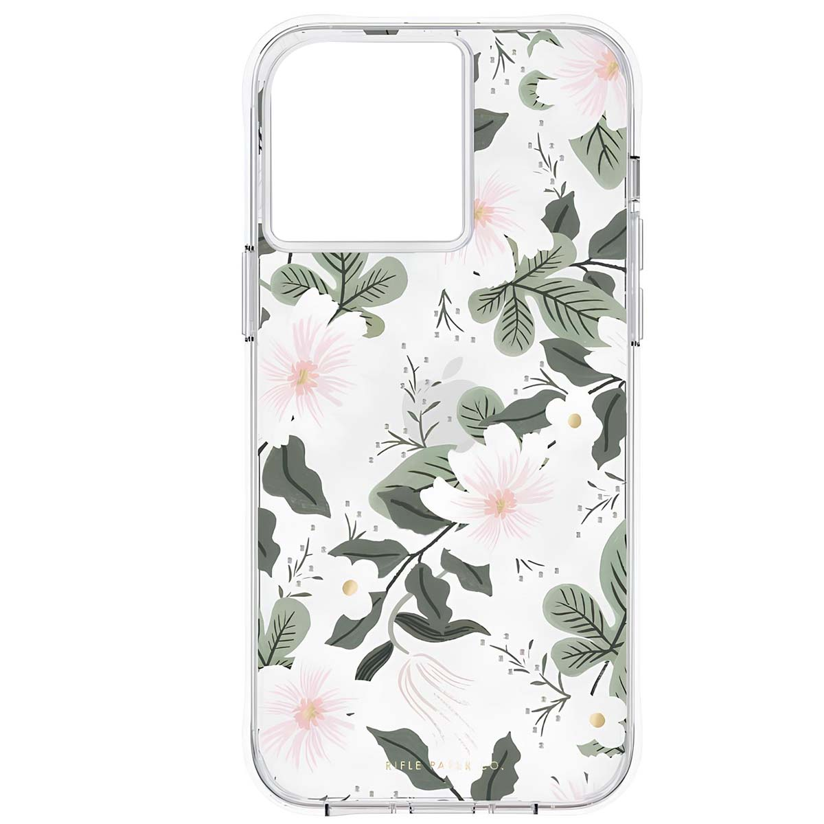 Custodia trasparente per telefono con sfondo bianco e fantasia floreale di fiori rosa e bianchi.