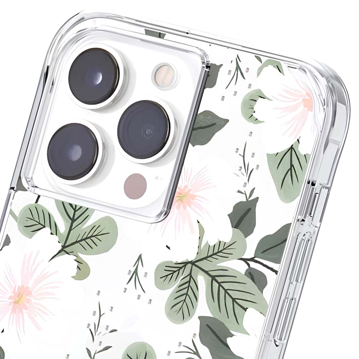 Custodia trasparente per telefono con motivo floreale bianco e rosa e tre obiettivi.