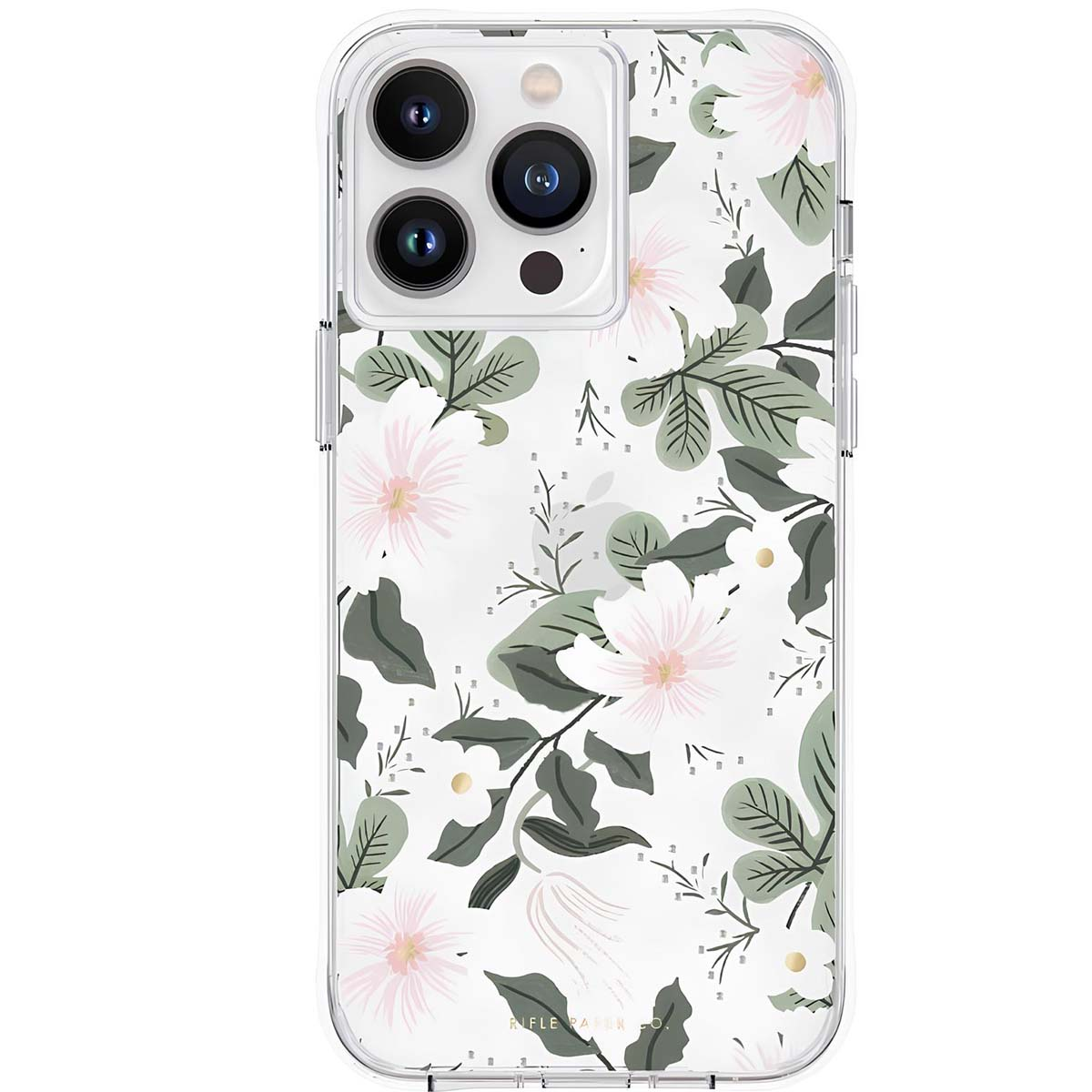 Custodia trasparente per telefono con motivo floreale rosa e bianco e foglie verdi.