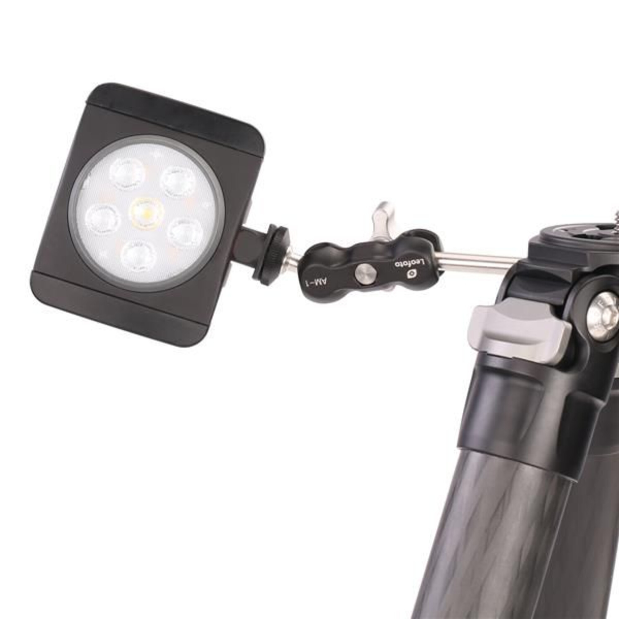 Ein schwarzes LED-Lichtpanel mit sieben Glühbirnen ist über eine silberne Klemme an einem Stativ befestigt.