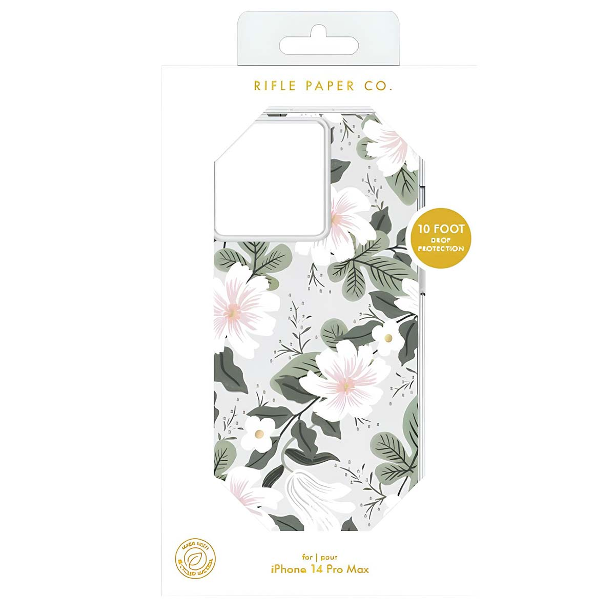 Custodia Rifle Paper Co. per iPhone 14 Pro Max con fiori bianchi e foglie verdi.