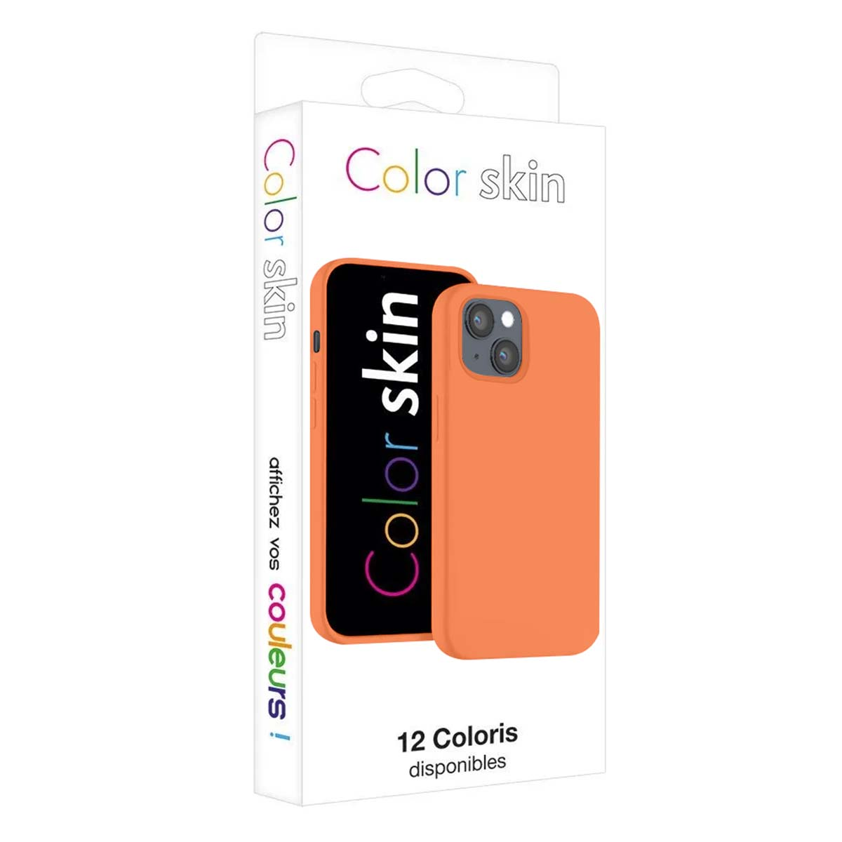 Orange Handyhülle mit 'Color skin'-Branding, in Verpackung gezeigt.