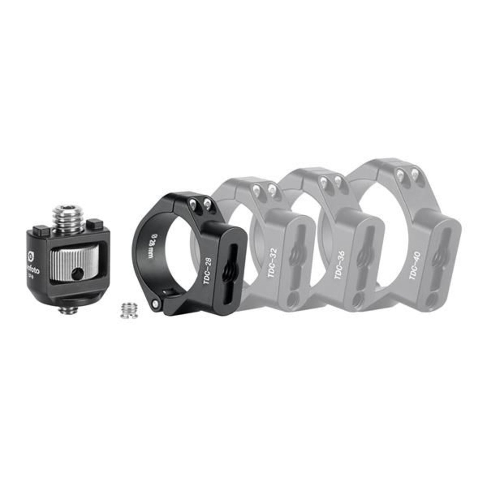 Ein schwarzer Kamera-Blitzschuh-Adapter und schwarze Ringklemmen stehen nebeneinander.