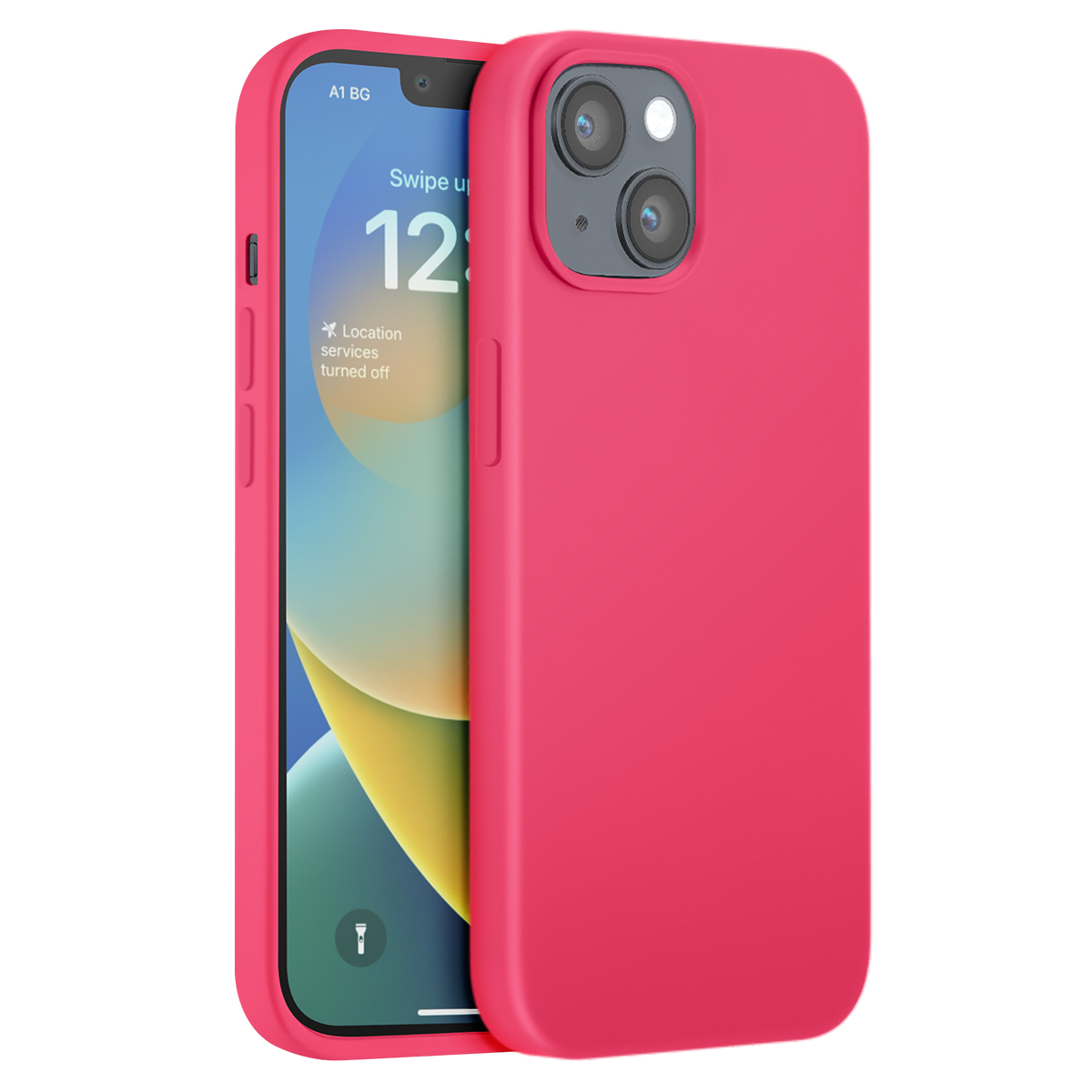 iPhone rosa con custodia protettiva, mostra la schermata di blocco con l'ora 12:00.