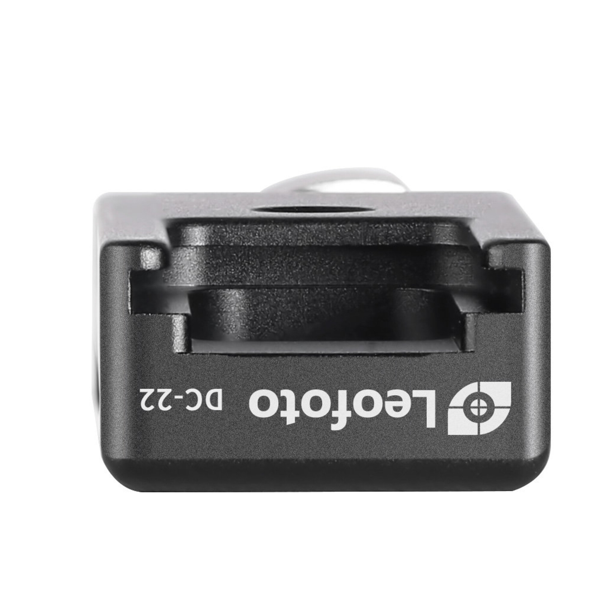 Schwarze Leofoto DC-22 Halterung mit Zubehörhalterung. Weißer Text an der Seite.