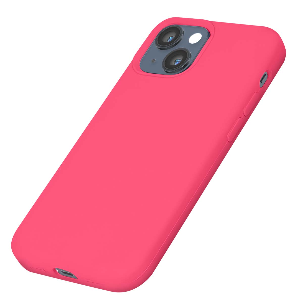 Una cover per telefono rosa acceso con lenti della fotocamera e porte visibili.