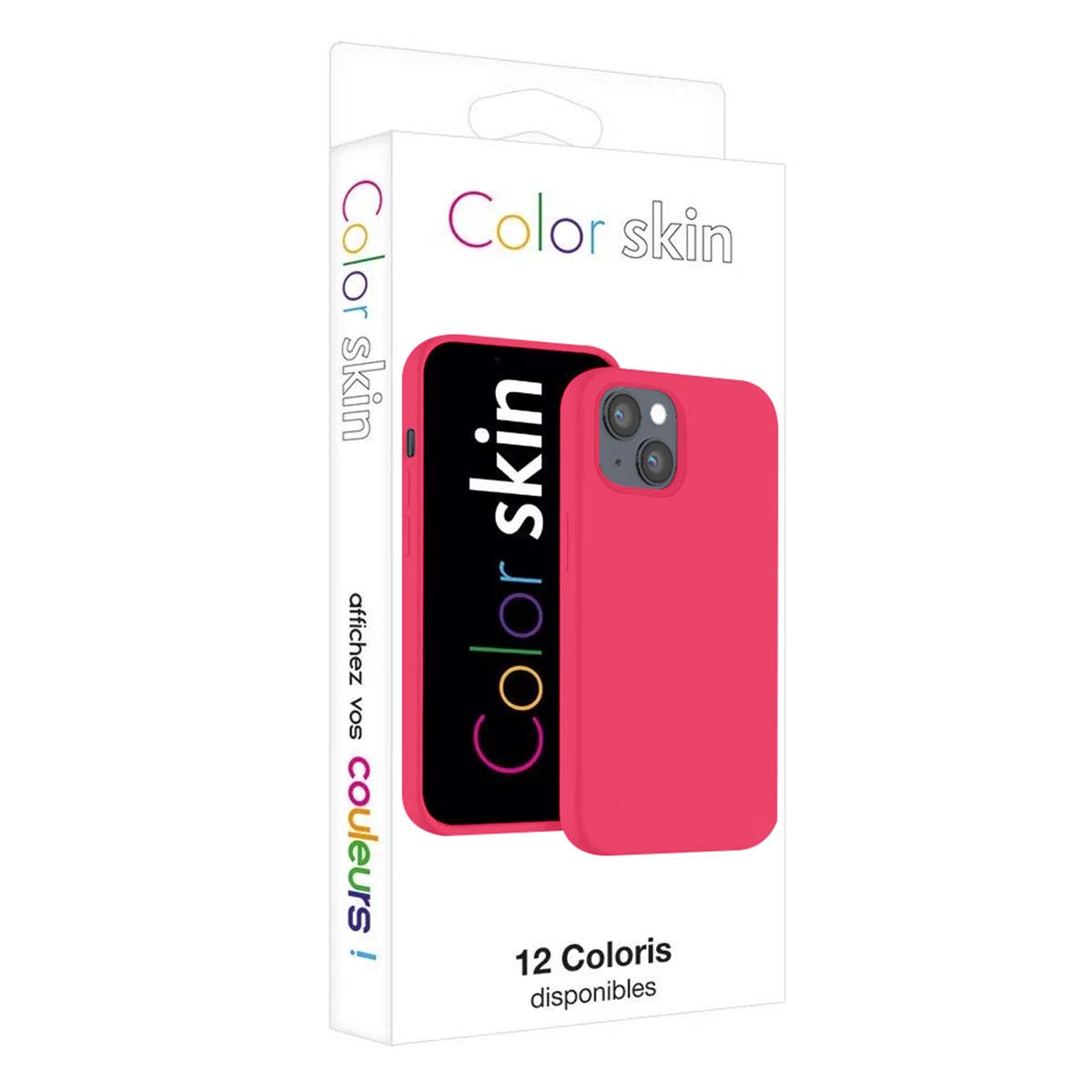Custodia rosa e confezione per il prodotto "Color skin", 12 colori disponibili.
