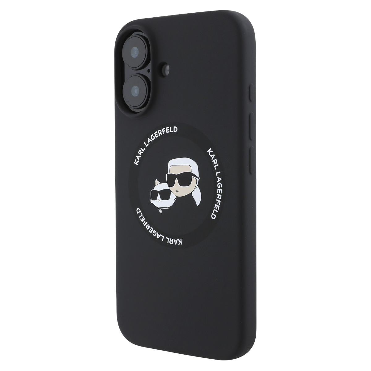 Custodia nera per telefono con grafica di Karl Lagerfeld e gatto.