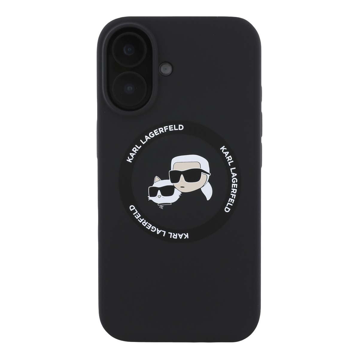 Custodia nera per telefono con logo Karl Lagerfeld e gatto e uomo cartoni.