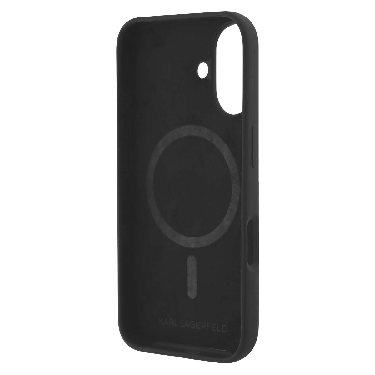 Custodia nera per telefono con logo Karl Lagerfeld e anello magnetico.