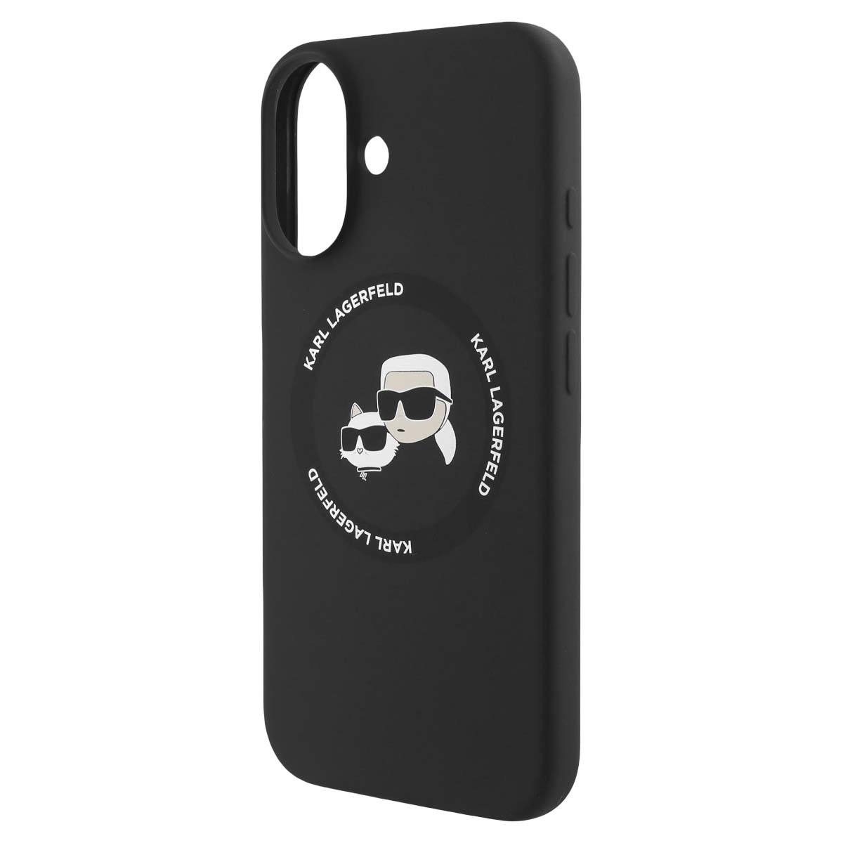 Custodia nera per telefono con logo Karl Lagerfeld, gatto e volto stilista.