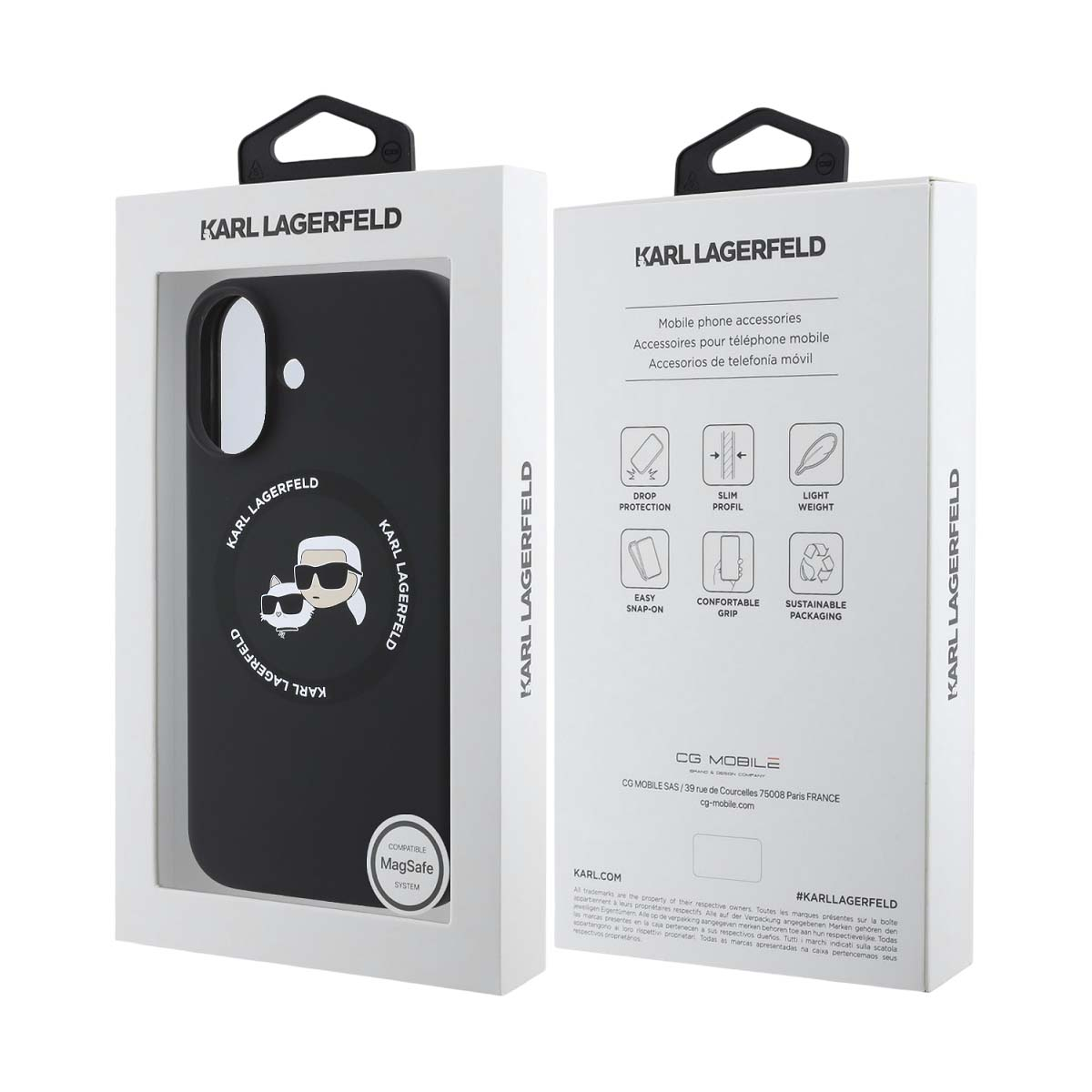 Confezione custodia per telefono Karl Lagerfeld. Custodia nera con icona di gatto. Caratteristiche: protezione.