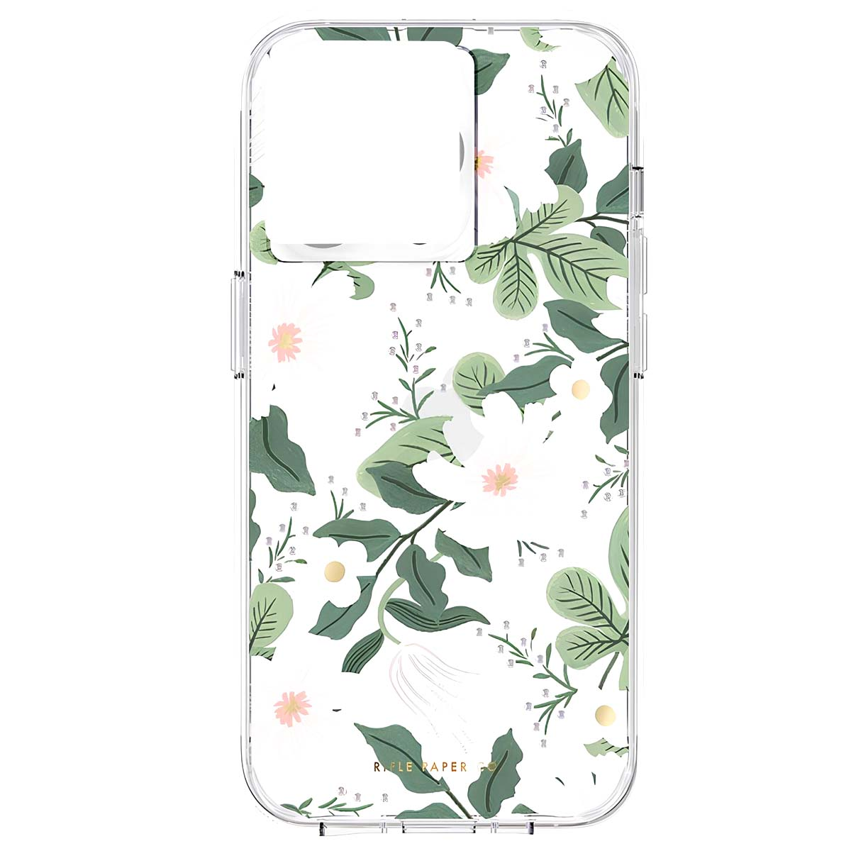 Una custodia trasparente per telefono con un motivo floreale bianco di foglie verdi e fiori bianchi.