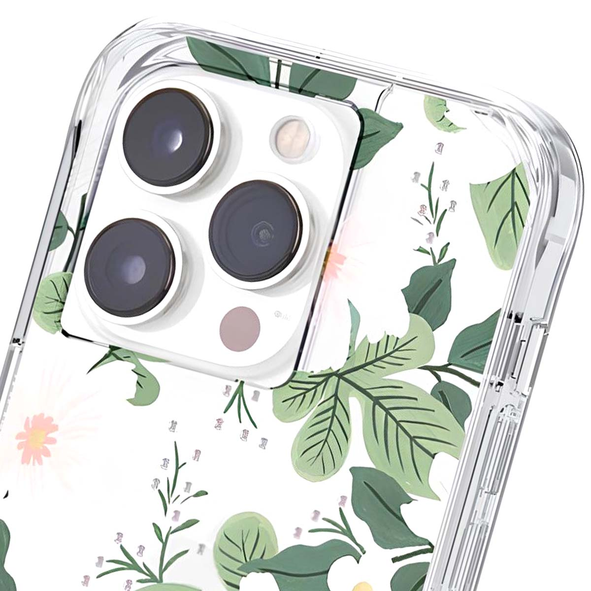 Una cover trasparente per telefono con motivo floreale, primo piano della fotocamera.