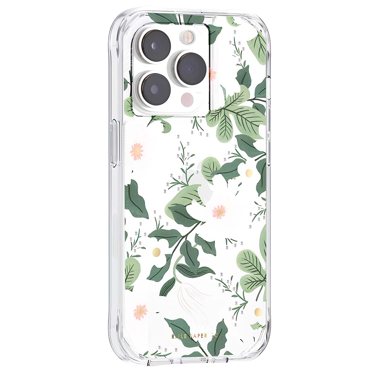 Custodia trasparente per telefono con fantasia floreale bianca, foglie verdi e fiori rosa e bianchi.