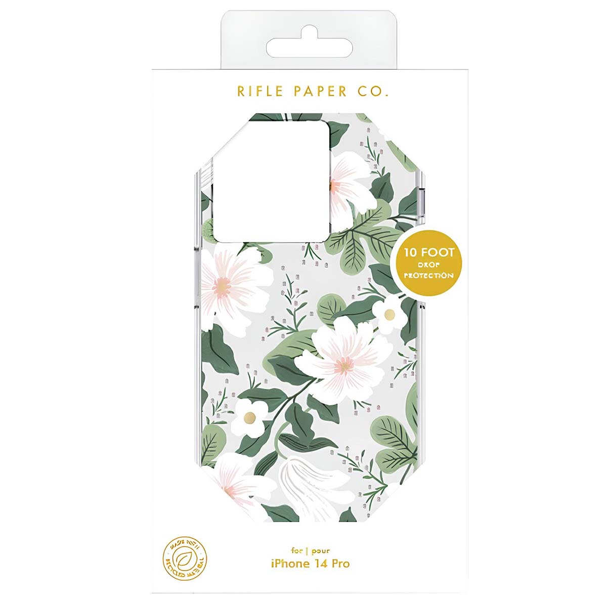 Custodia Rifle Paper Co. per iPhone 14 Pro con stampa floreale bianca e protezione da caduta di 10 piedi.