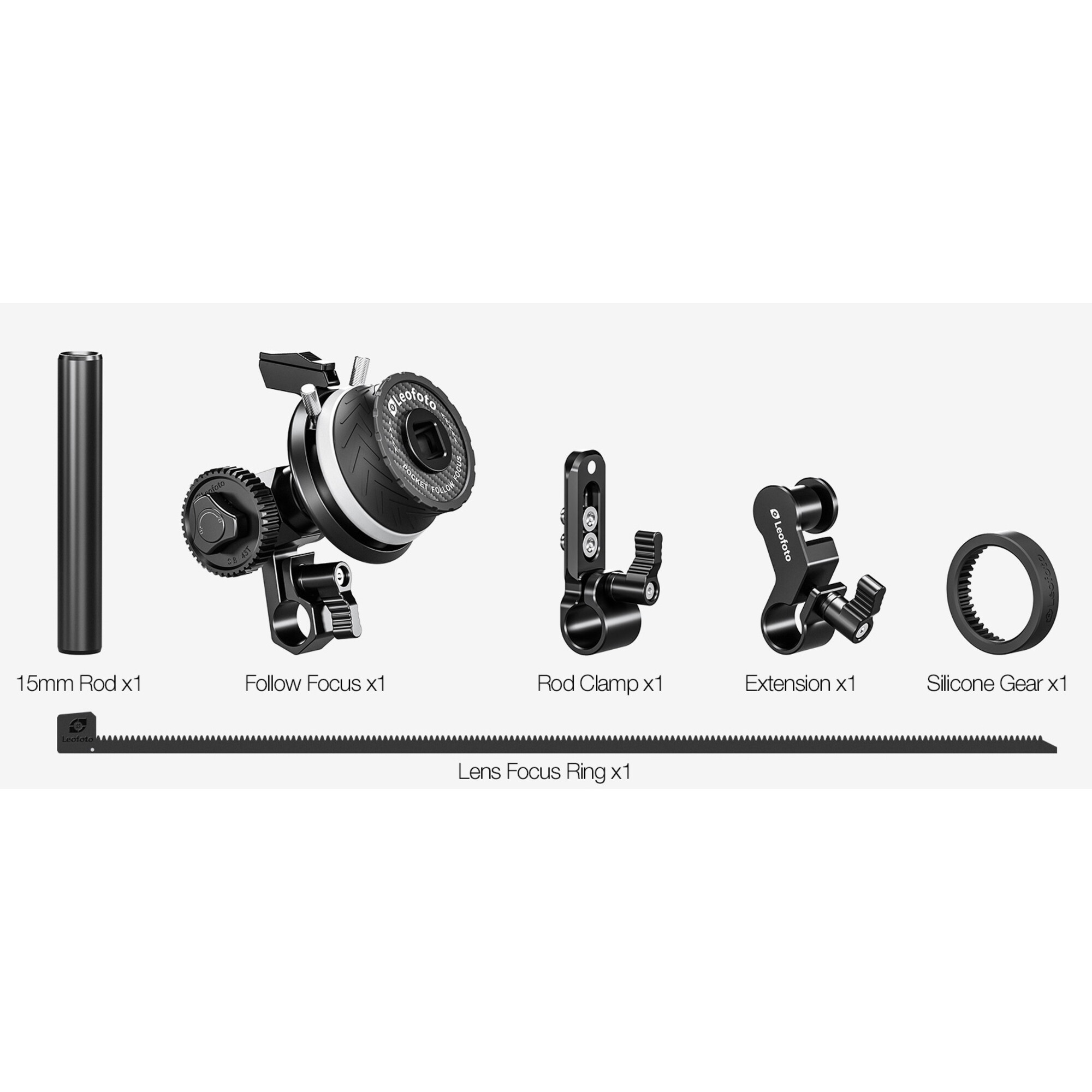 Ein 15mm Rod, Follow Focus, Rod Clamp, Extension und Silikongang.