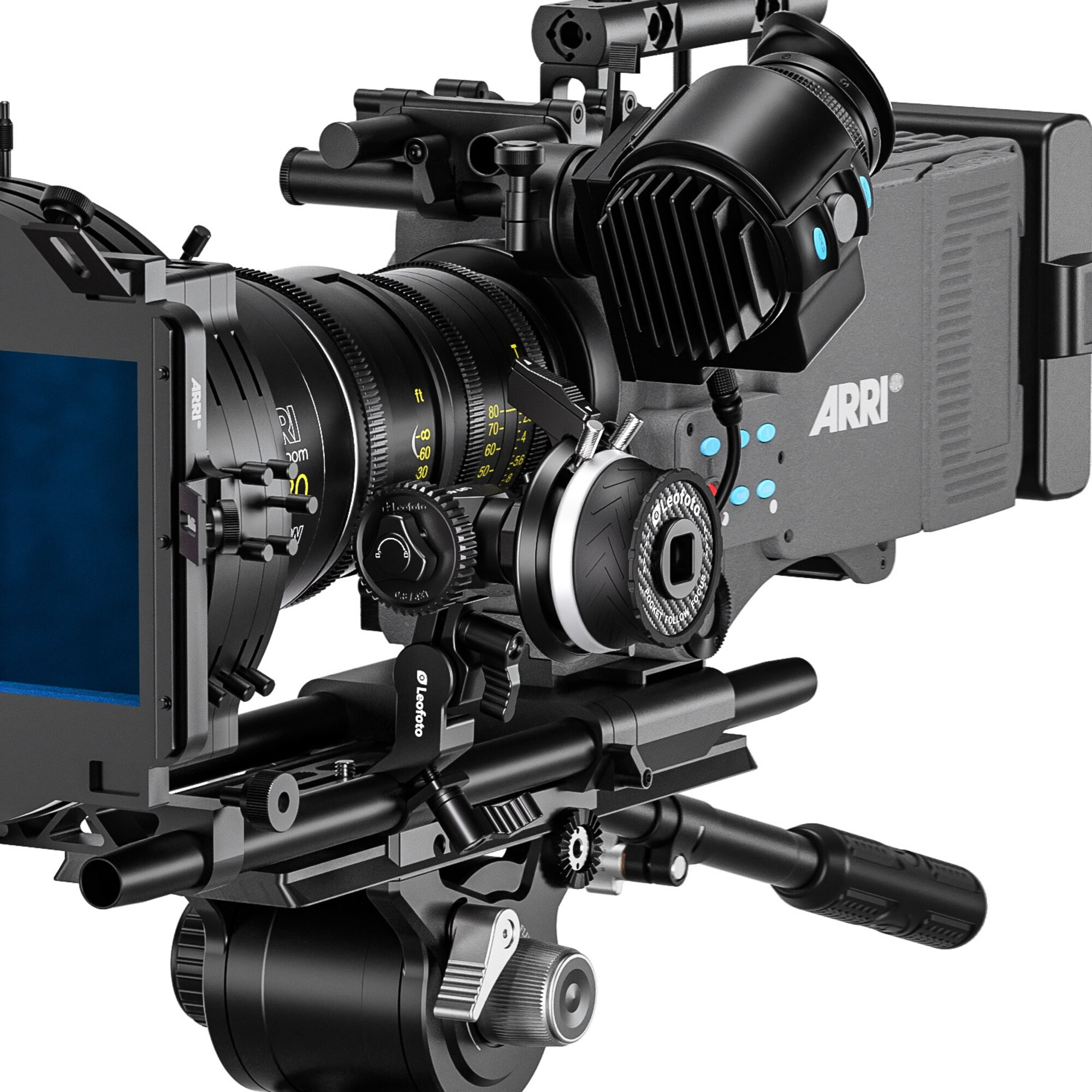 Ein professionelles ARRI-Kamerarig mit großem Objektiv, Monitor und diversen Bedienelementen.