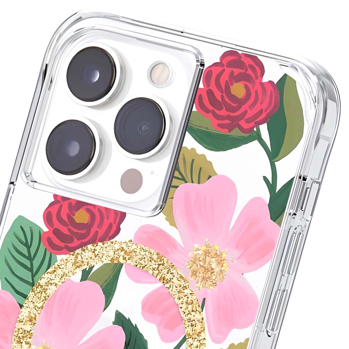 Una cover trasparente per telefono con fantasia floreale e anello dorato.