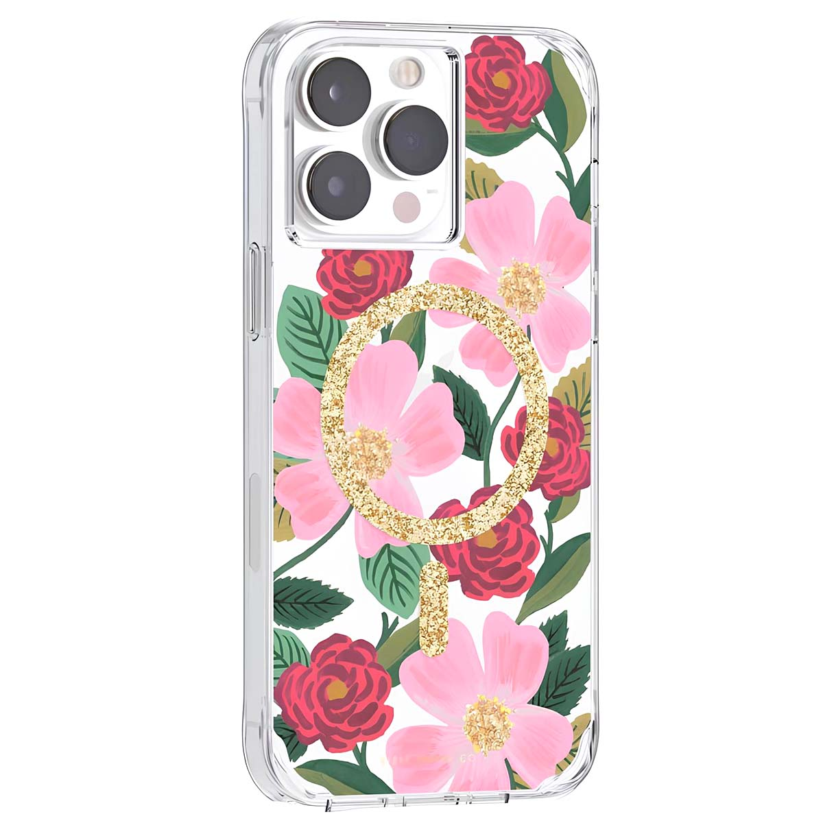 Custodia trasparente per telefono con fiori rosa e rossi, foglie verdi e un anello glitter dorato.
