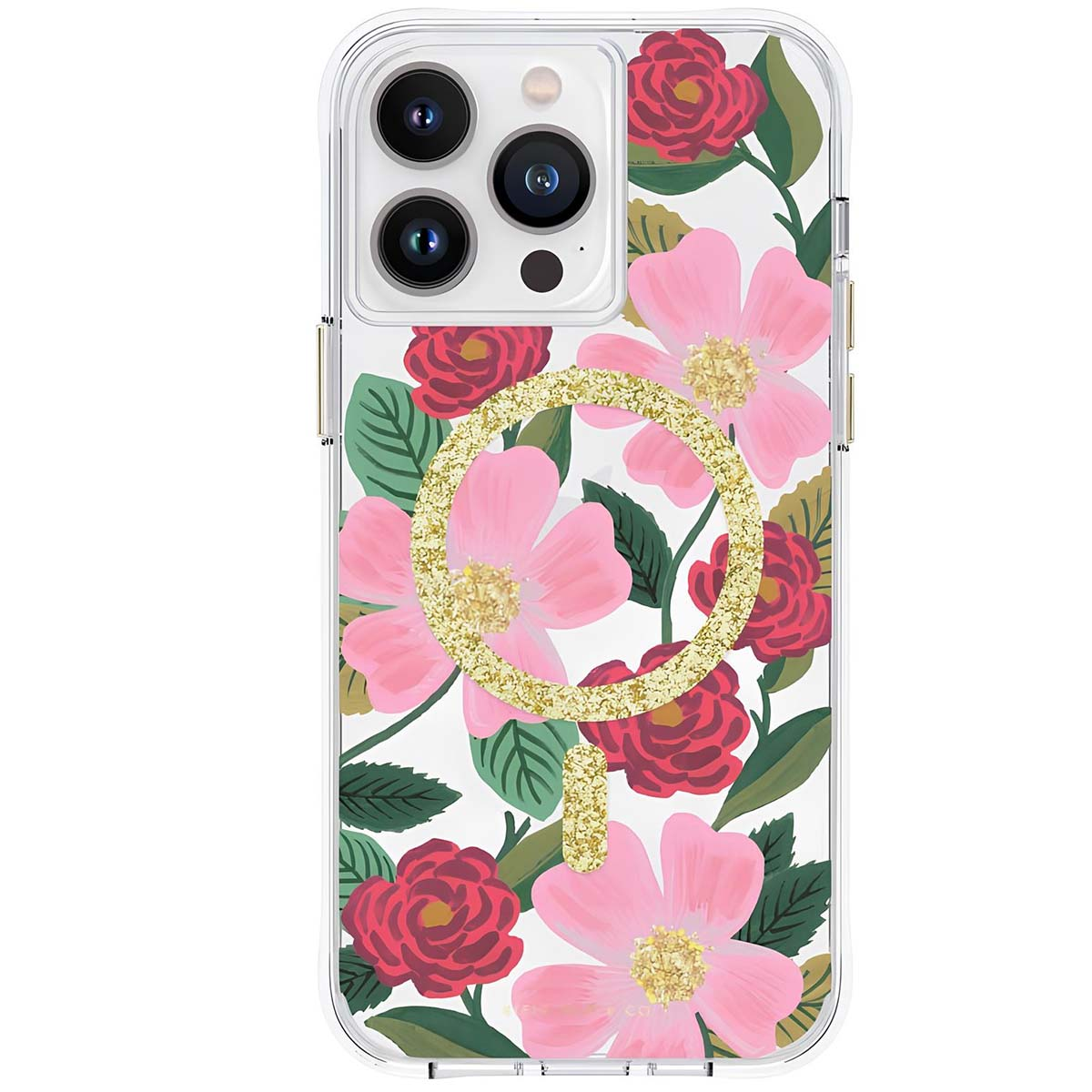 Una custodia trasparente per telefono con fantasia floreale rosa e rossa e un anello glitter oro.