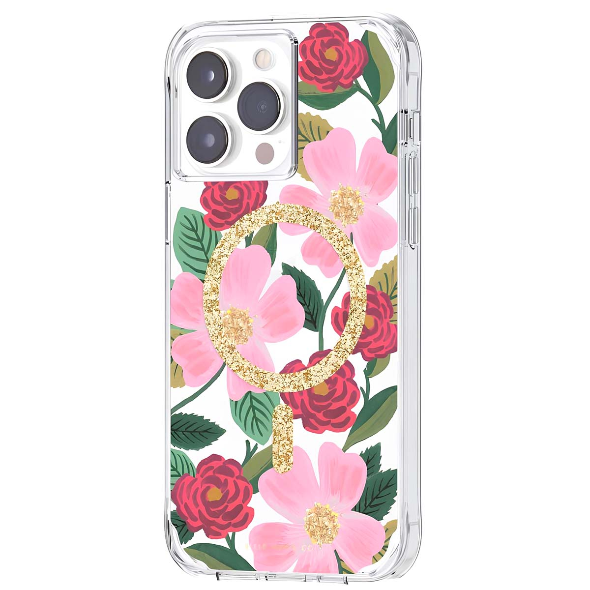 Custodia trasparente per telefono con fiori rosa e rossi, foglie verdi e anello dorato.