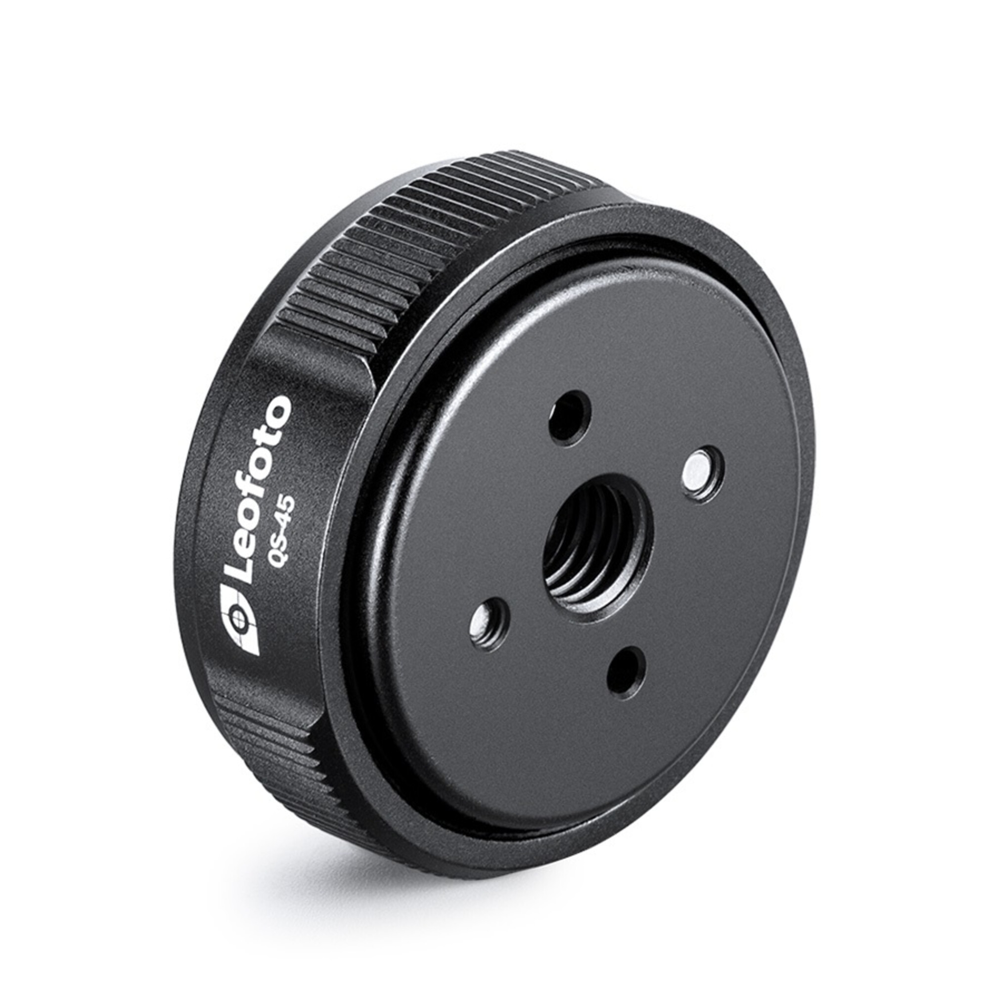 Schwarze Leofoto QS-45 Schnellwechselplatte mit Gewindemitte und Befestigungsschrauben.