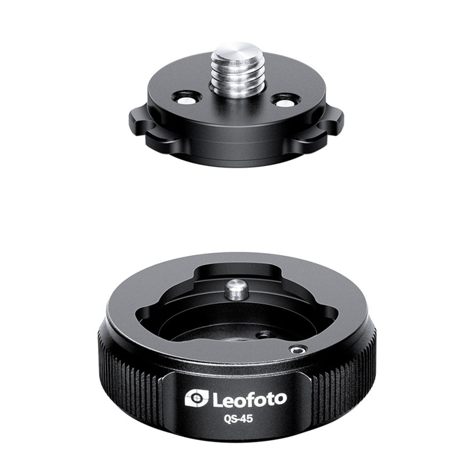 Schwarzer Leofoto QS-45 Kamera-Stativ-Adapter mit Silberschraube.