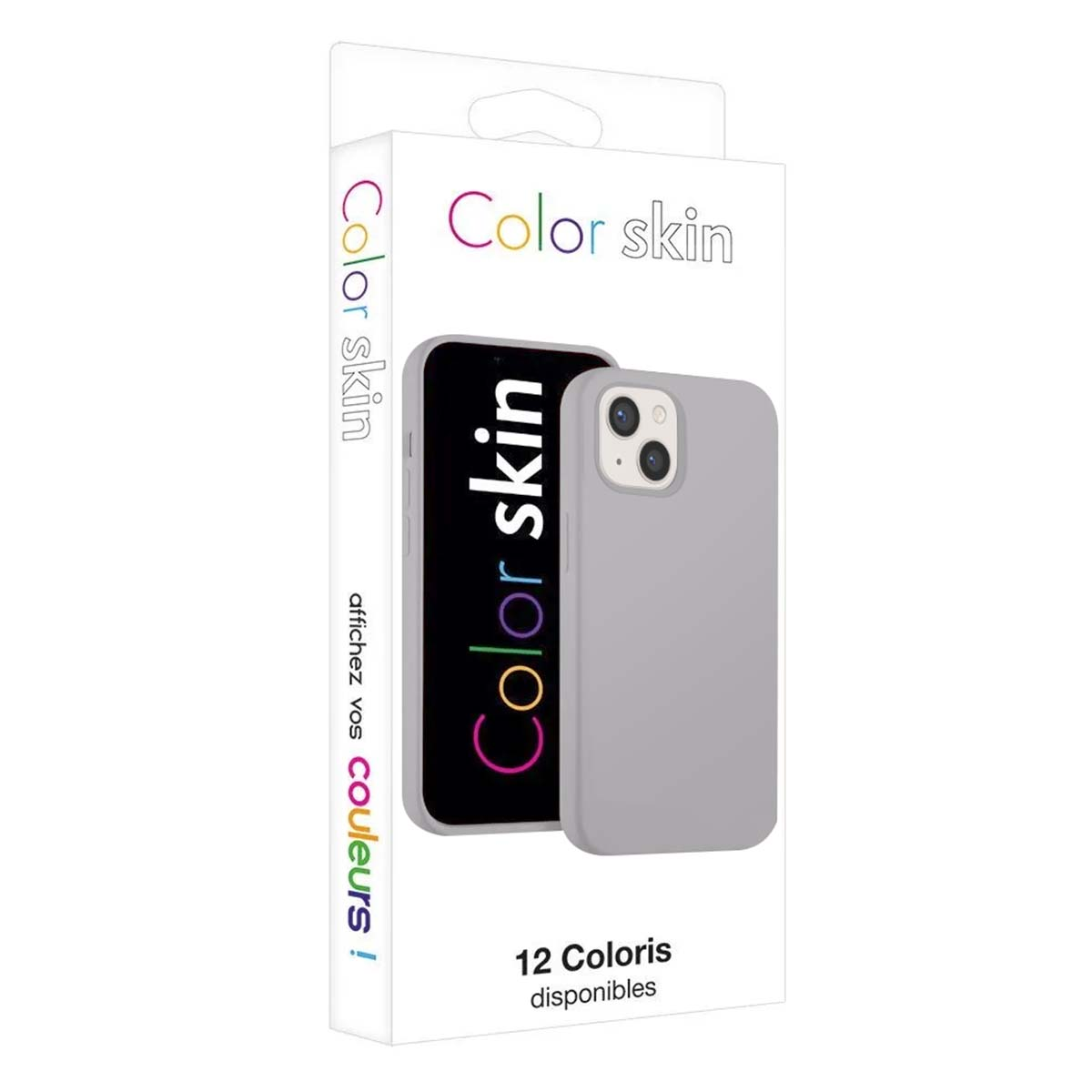 Confezione di cover grigia per telefono che mostra un telefono con cover grigia e il testo Color skin.