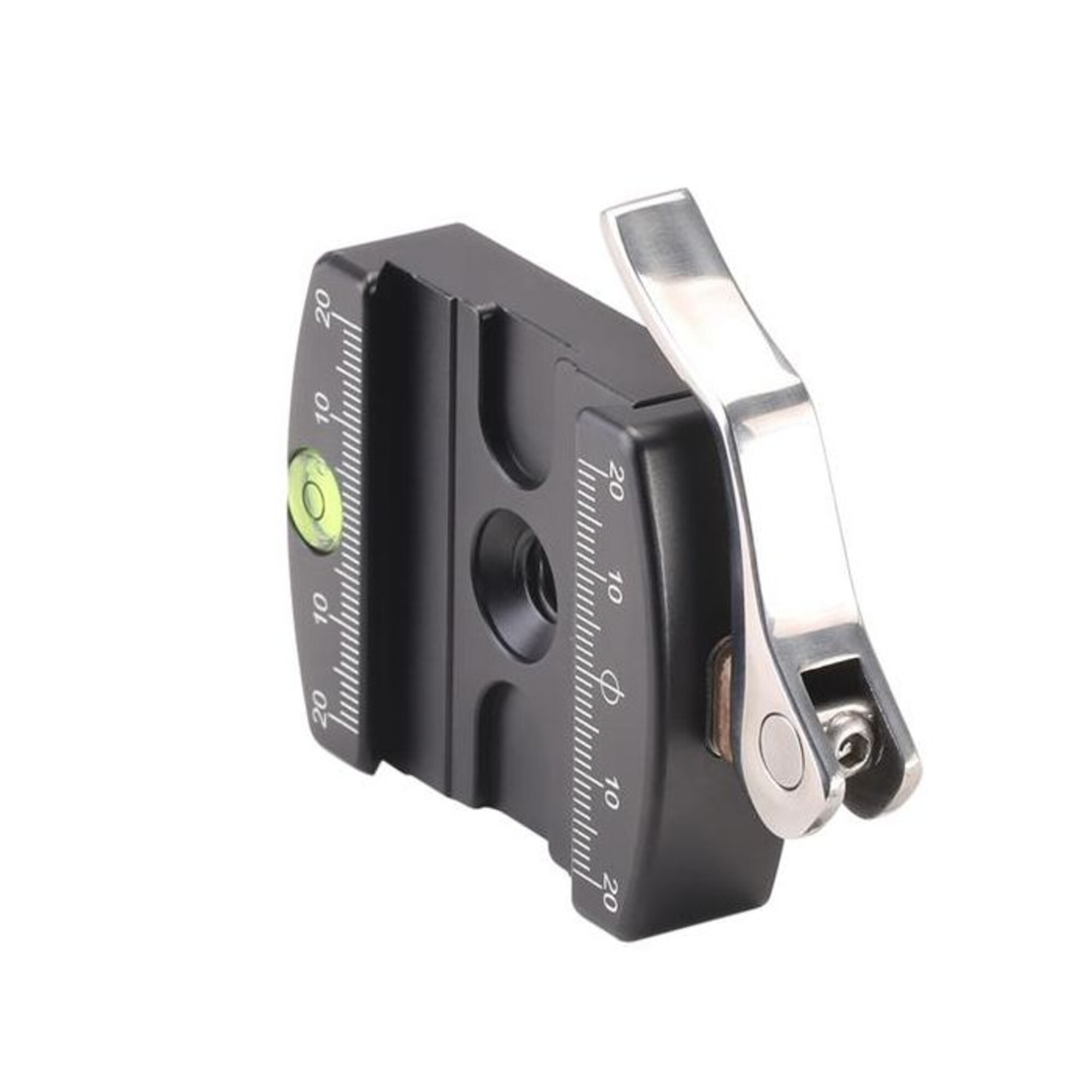 Piastra nera a sgancio rapido per fotocamera con livella a bolla e segni di misurazione.