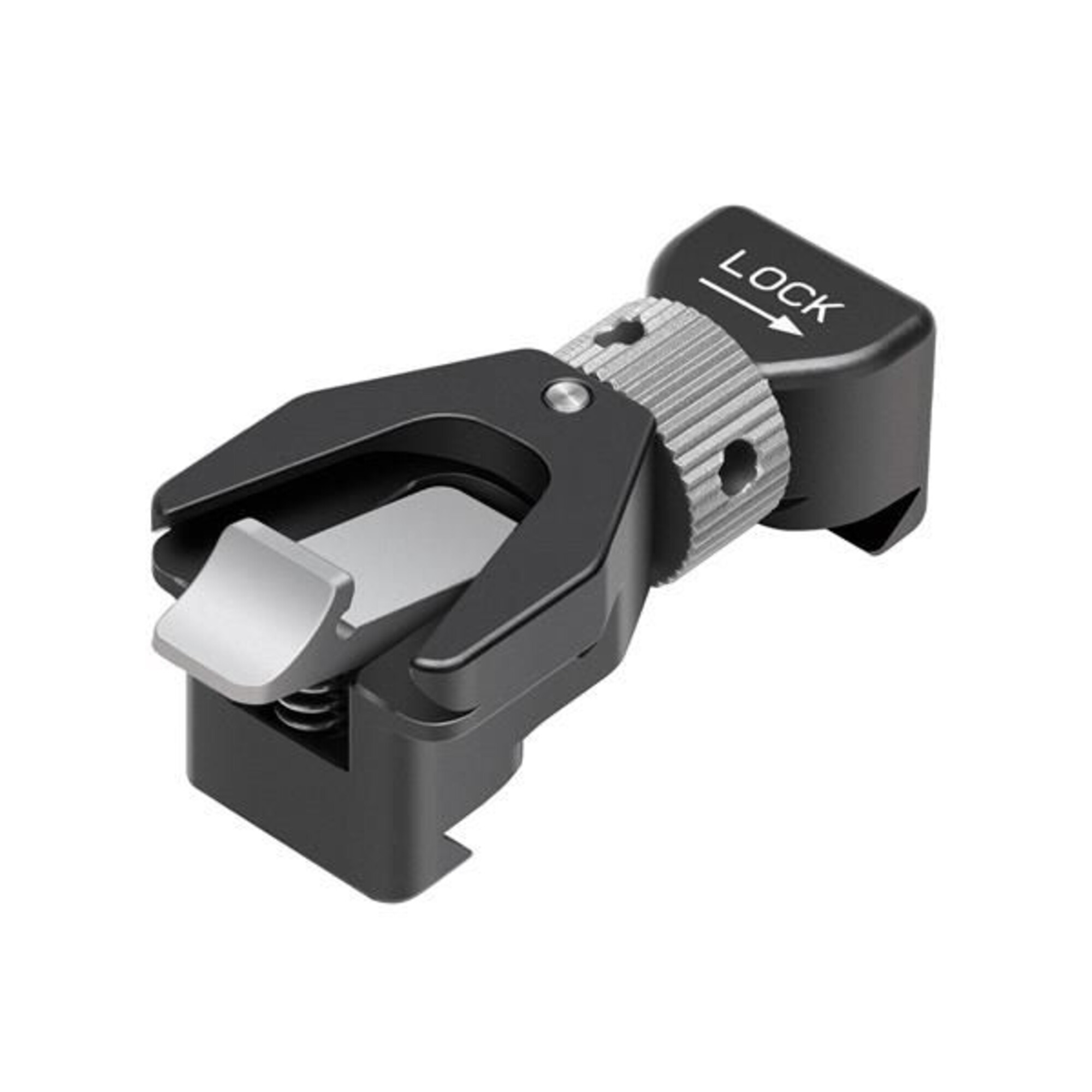 Ein schwarzer Klemmenblock mit silbernen Akzenten und der Beschriftung "LOCK".