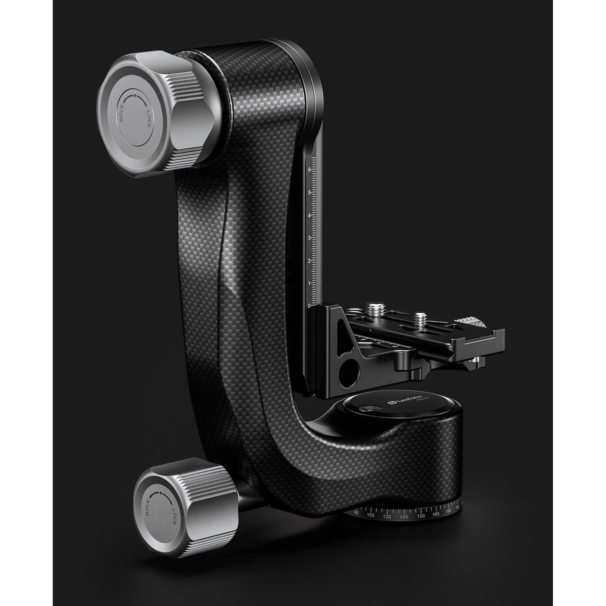 Ein schwarzer Gimbal-Kopf für Kameras aus Kohlefaser mit silbernen Knöpfen und Markierungen.