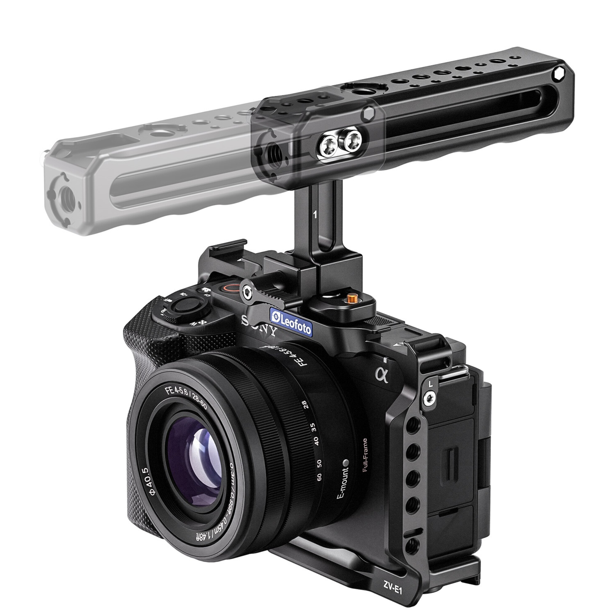 Eine schwarze Sony ZV-E1 Kamera mit Objektiv und Leofoto-Käfig ist abgebildet.