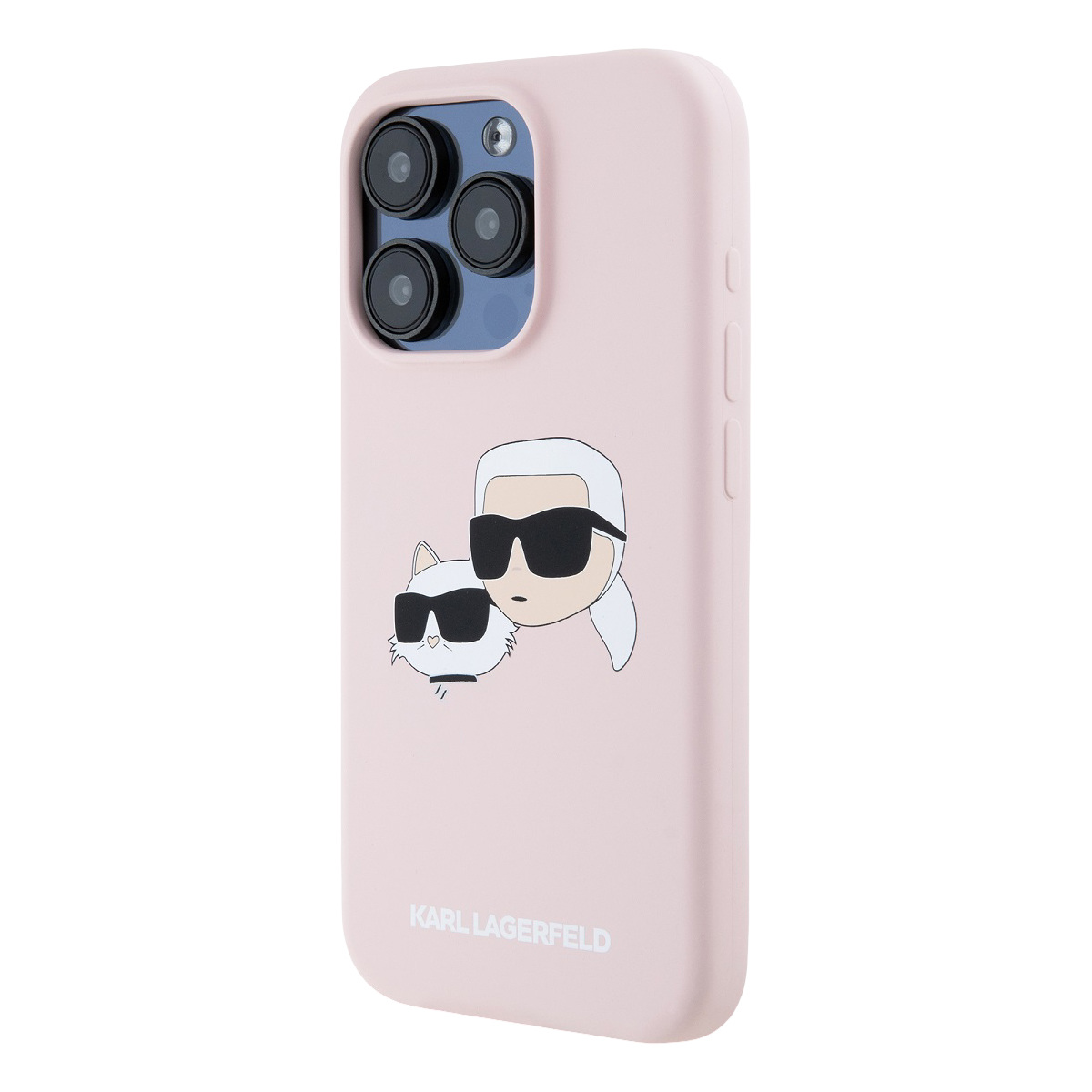 Una cover rosa per telefono con illustrazione di Karl Lagerfeld e un gatto.