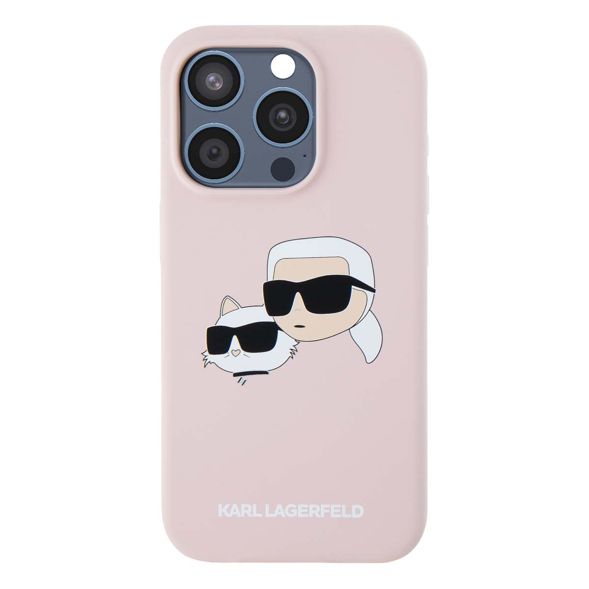 Una custodia rosa chiaro per iPhone presenta Karl Lagerfeld e un gatto, entrambi con occhiali da sole.