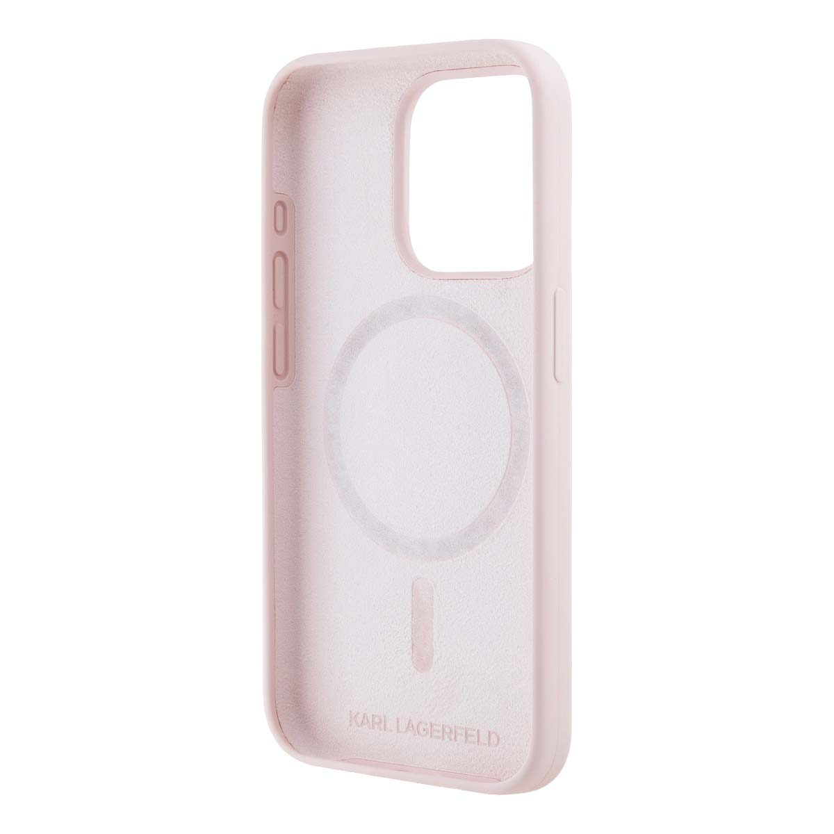 Una cover per telefono rosa chiaro con ritaglio circolare per la fotocamera e marchi MagSafe.