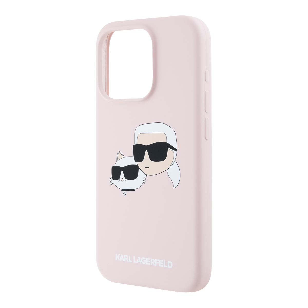 Una cover per telefono rosa con grafica di Karl Lagerfeld e gatto.