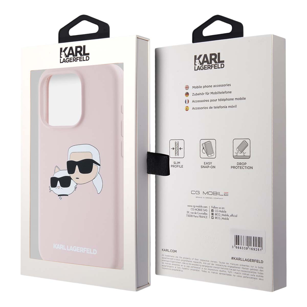 Una custodia rosa per telefono con design Karl Lagerfeld e gatto sul davanti.