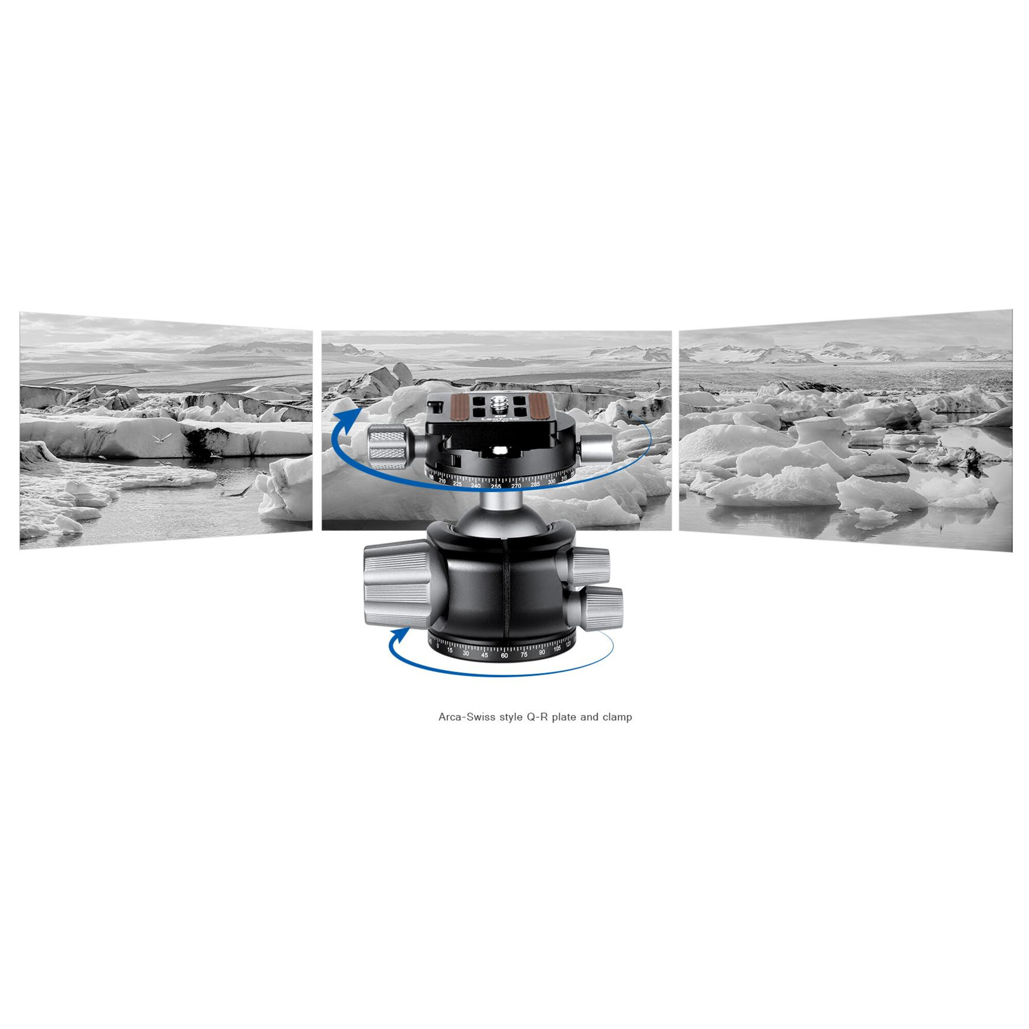Schwarzer Arca-Swiss-Stativkopf mit Panoramablick auf Eisberge.
