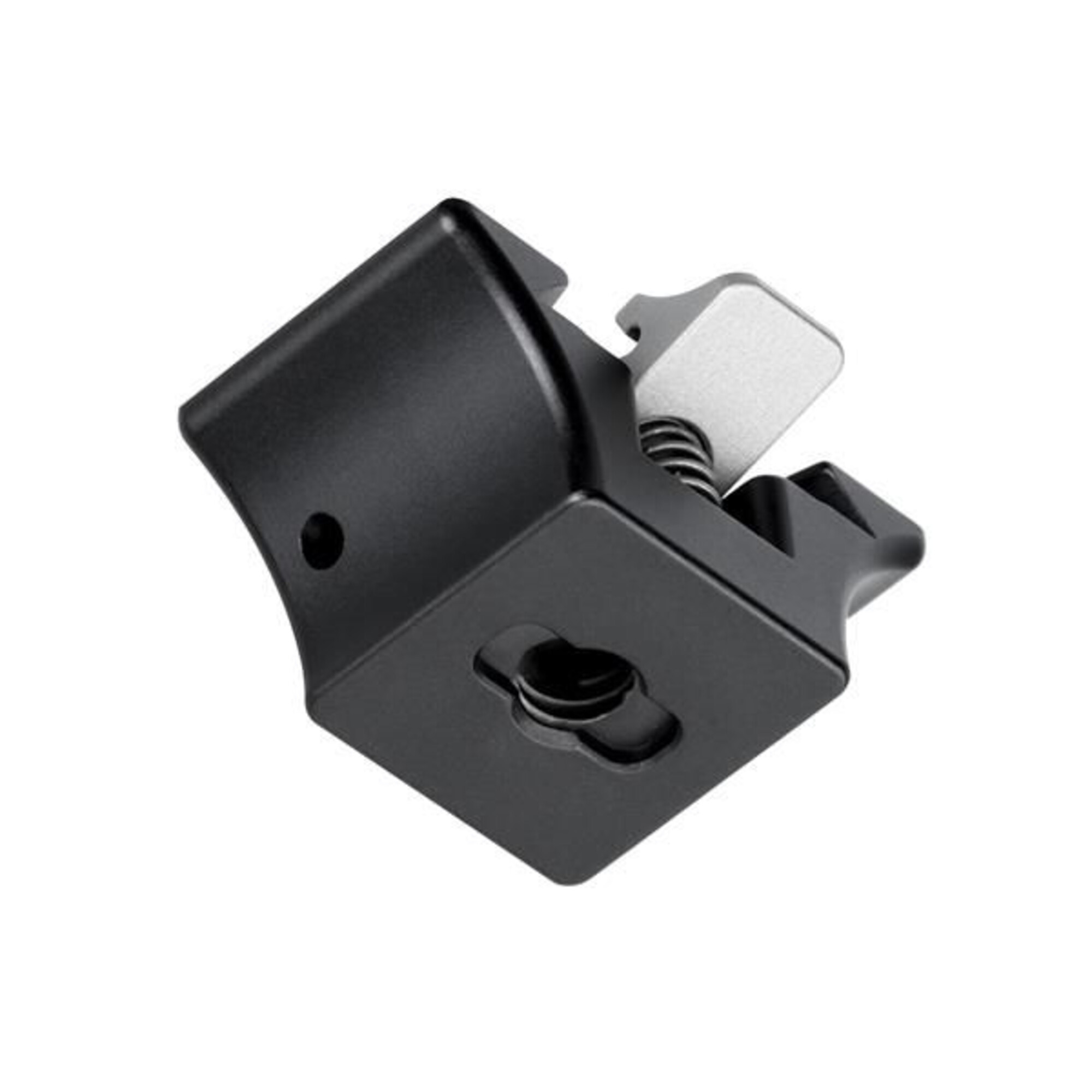 Ein schwarzer Kamerazubehör-Adapter mit silbernen Hebeln und Federn.