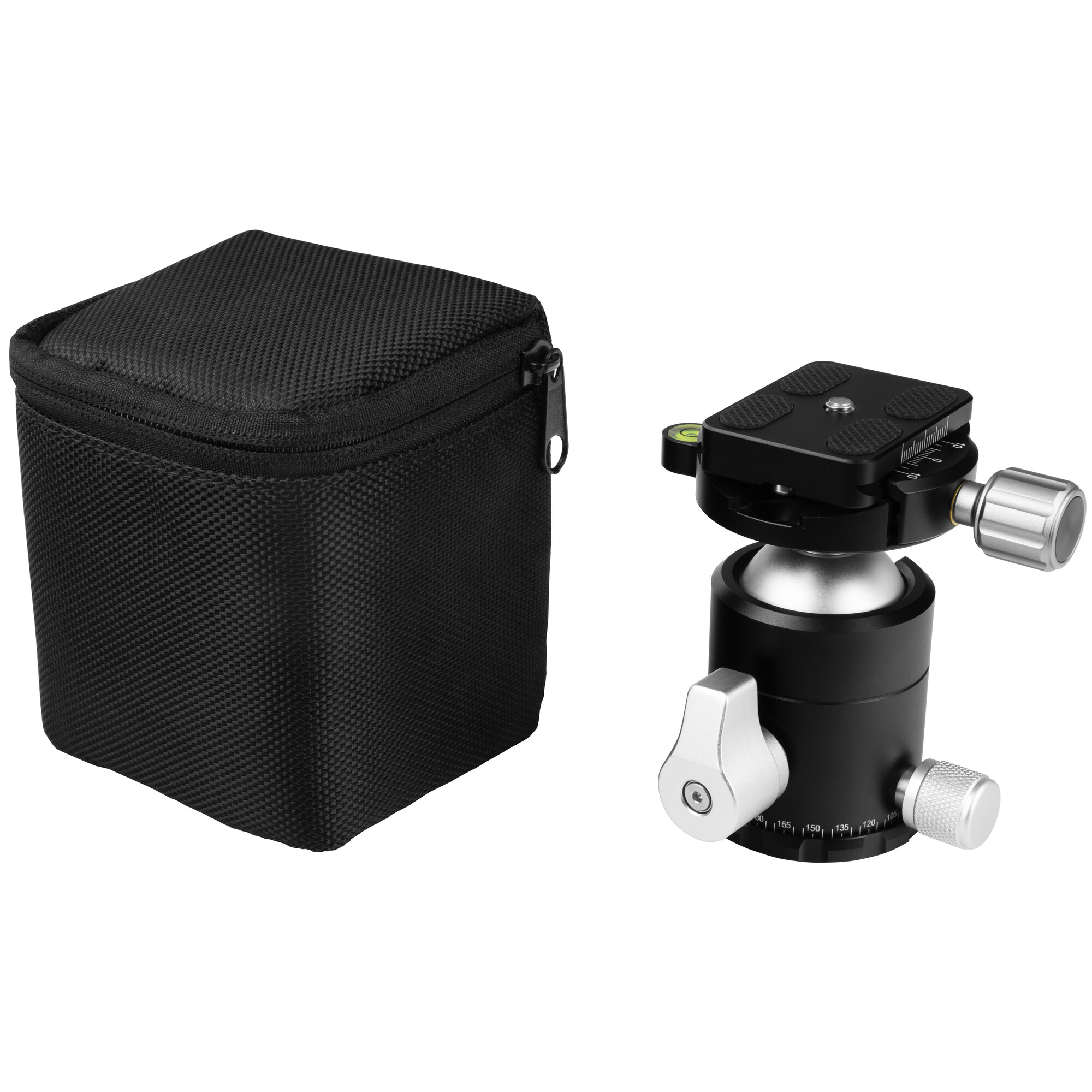 Eine schwarze Transporttasche mit Reißverschluss und ein schwarzer Kugelkopf-Stativadapter.