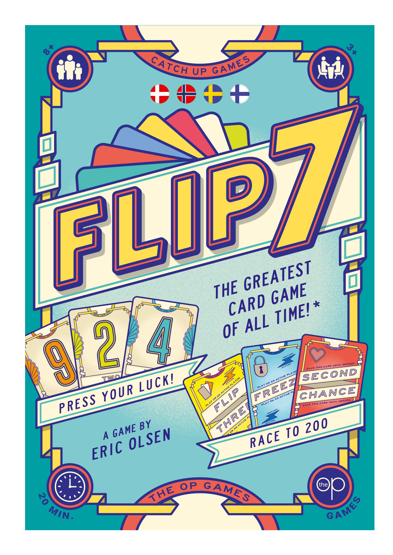 Brettspiel-Cover: FLIP 7. Zeigt Karten '9', '2', '4', 'Flip', 'Freeze', 'Second Chance'.