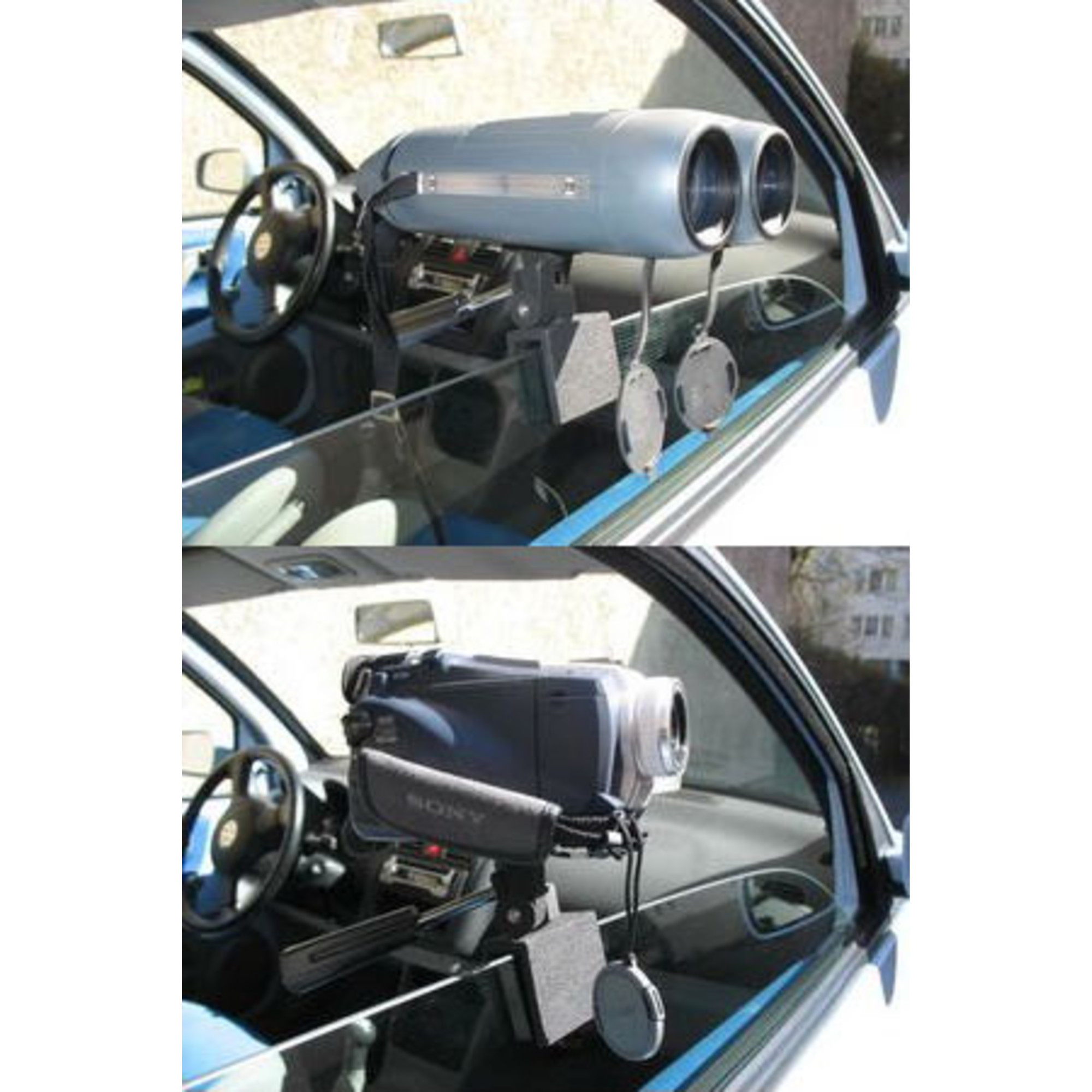 Autoinnenraum mit montierter Fernglas und Kamera auf dem Armaturenbrett.